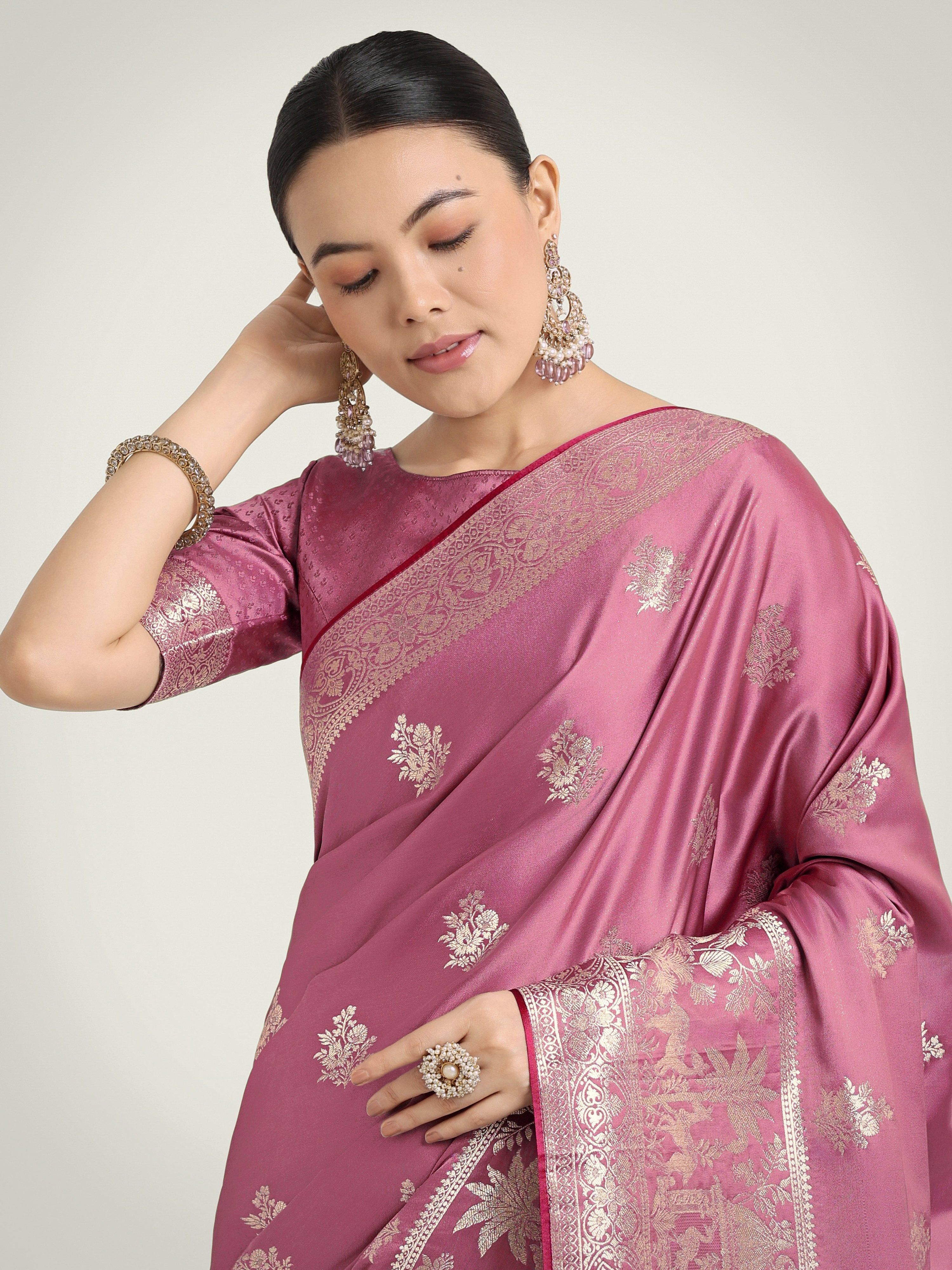 Dusty Pink Traditional Banarasi Satin Silk Saree with Zari