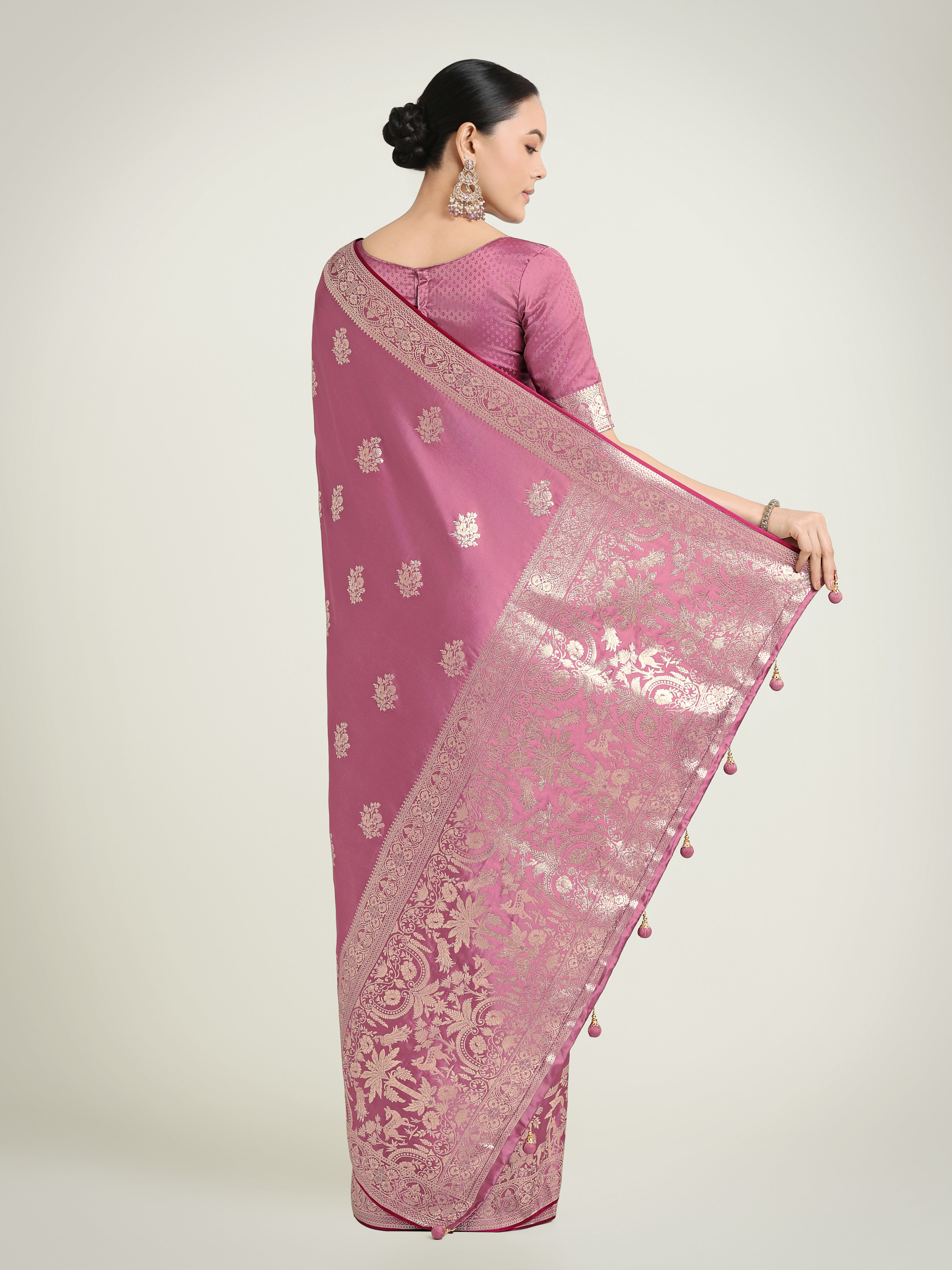 Dusty Pink Traditional Banarasi Satin Silk Saree with Zari
