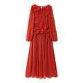 Summer Women Clothing Pleated round Neck Slimming Long Sleeves Women Maxi Dress