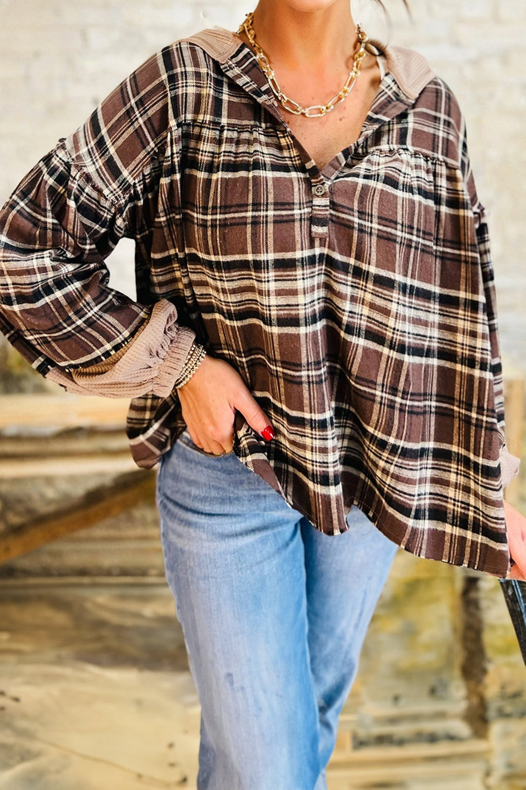 Plaid Quarter-Button Patchwork Long Sleeve Hooded Blouse