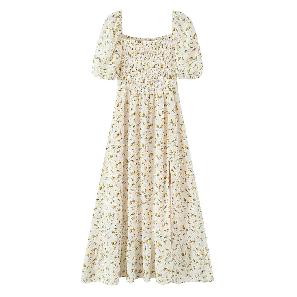 Summer Wind Women Clothing Palace Small Floral Print Square Collar Puff Sleeve Split Dress
