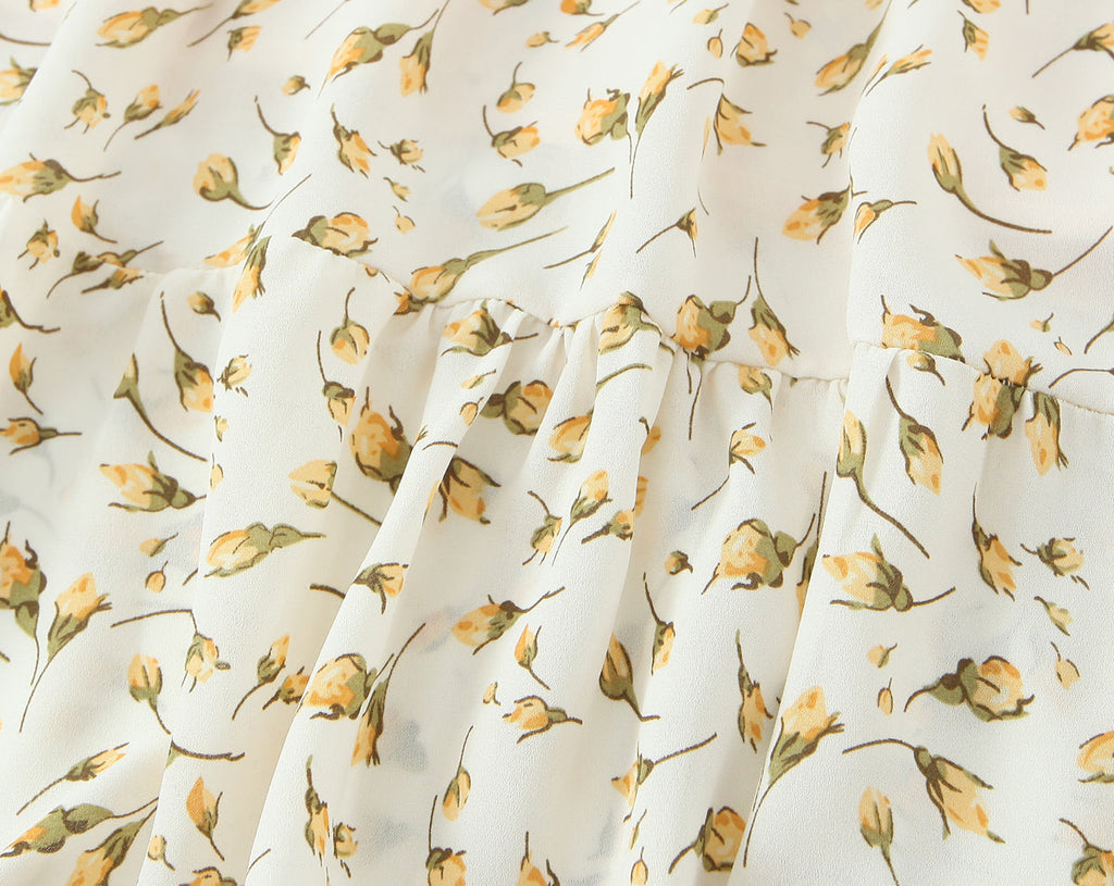 Summer Wind Women Clothing Palace Small Floral Print Square Collar Puff Sleeve Split Dress