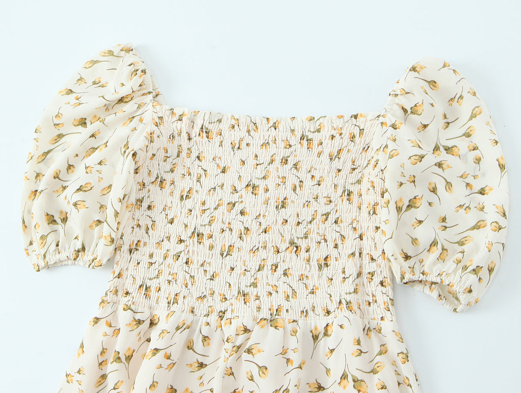 Summer Wind Women Clothing Palace Small Floral Print Square Collar Puff Sleeve Split Dress