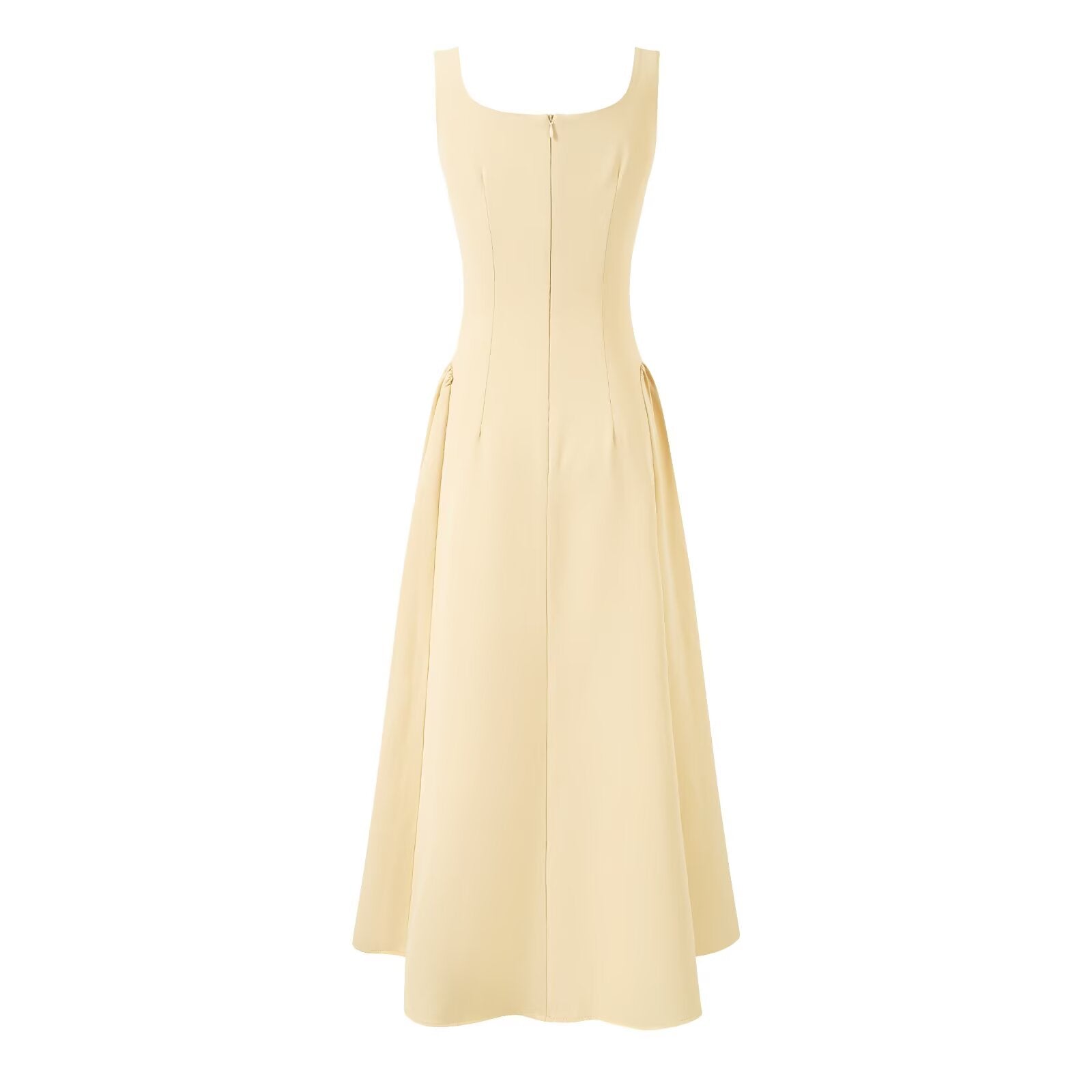 Yellow Square Collar Sling Dress Women Summer Slim Fit Tight Waist Pleated
