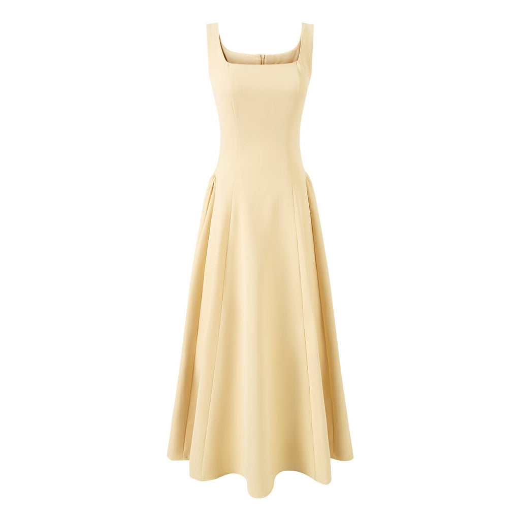 Yellow Square Collar Sling Dress Women Summer Slim Fit Tight Waist Pleated