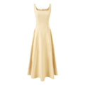 Yellow Square Collar Sling Dress Women Summer Slim Fit Tight Waist Pleated