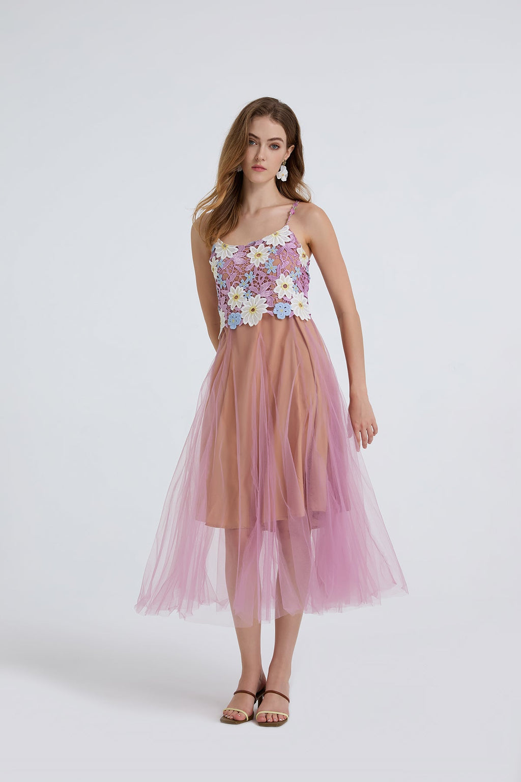 Women Summer Lace Embroidered Spaghetti Strap Patchwork Chiffon Maxi Dress