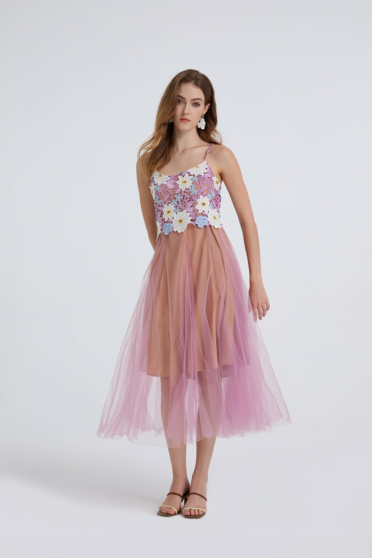 Women Summer Lace Embroidered Spaghetti Strap Patchwork Chiffon Maxi Dress