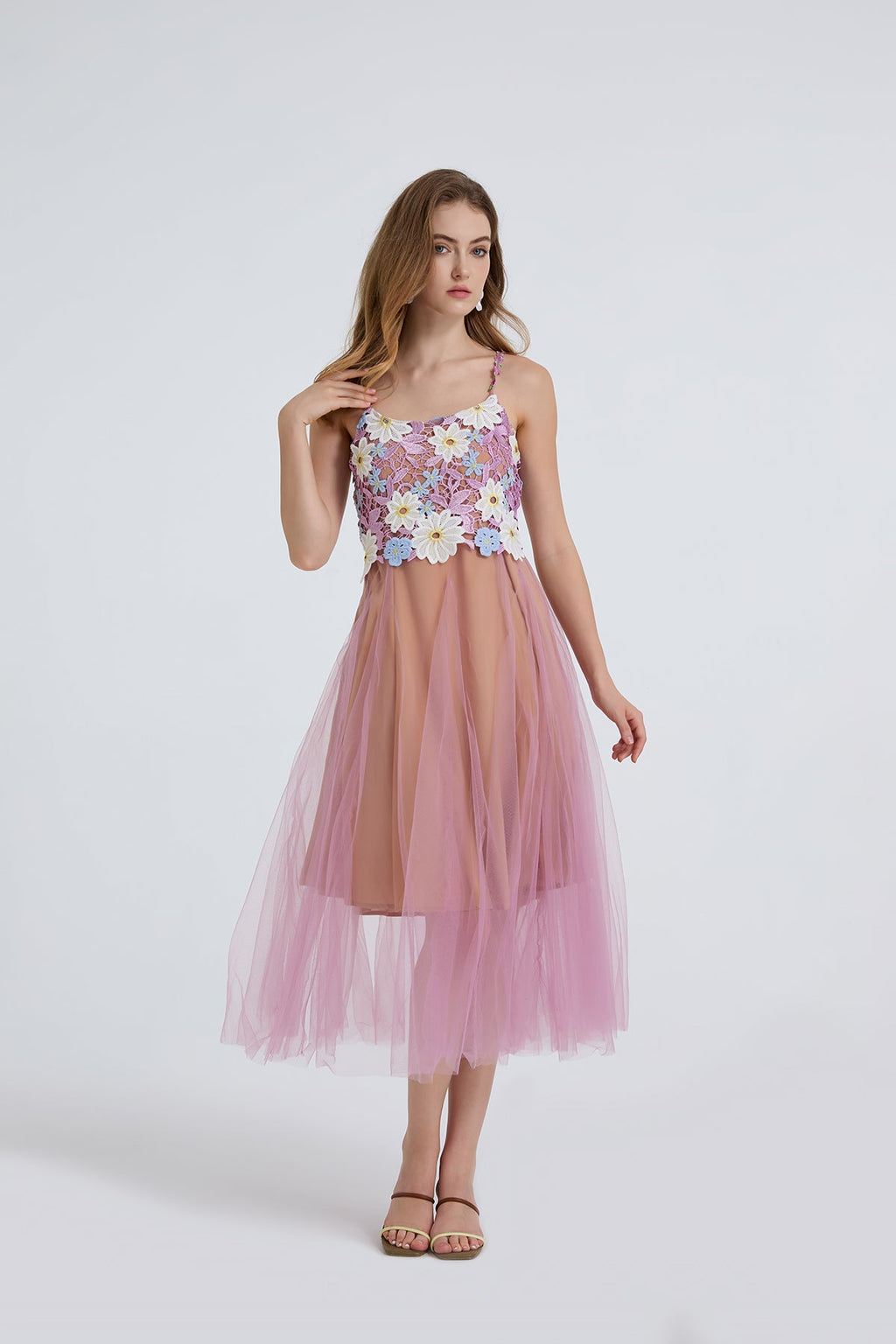 Women Summer Lace Embroidered Spaghetti Strap Patchwork Chiffon Maxi Dress