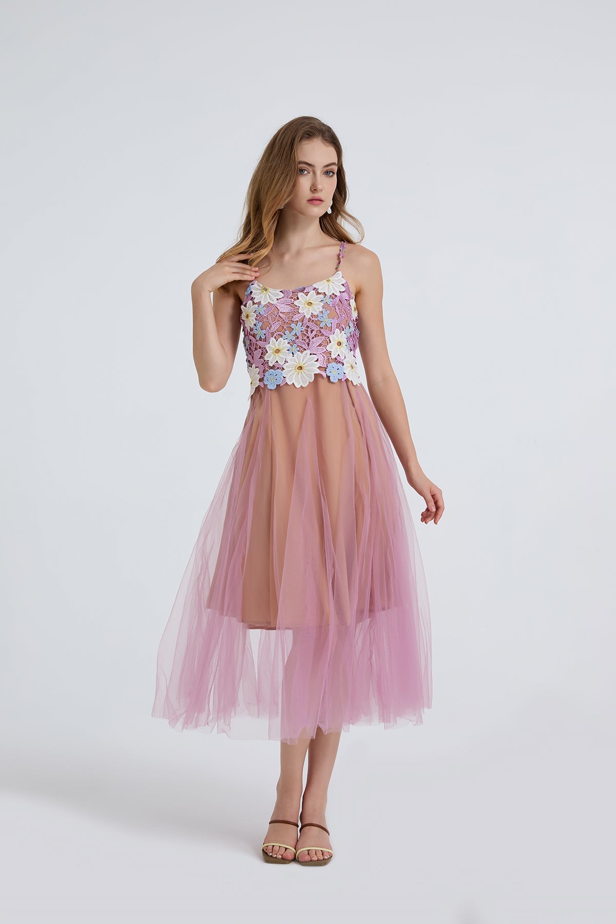 Women Summer Lace Embroidered Spaghetti Strap Patchwork Chiffon Maxi Dress