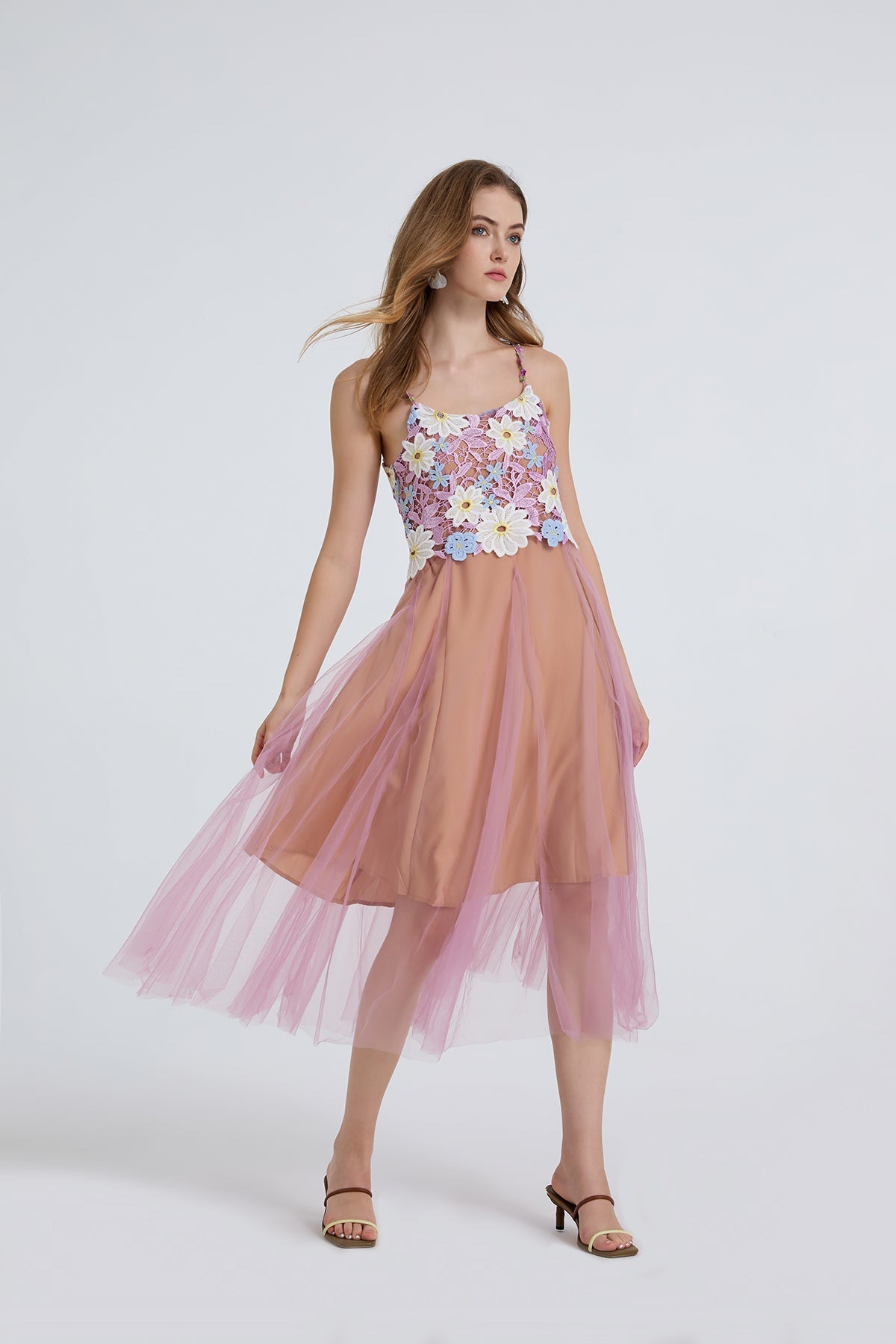 Women Summer Lace Embroidered Spaghetti Strap Patchwork Chiffon Maxi Dress