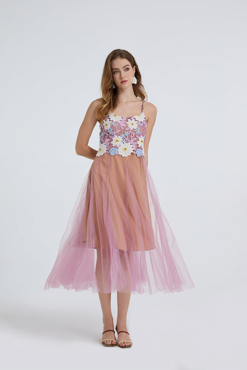 Women Summer Lace Embroidered Spaghetti Strap Patchwork Chiffon Maxi Dress