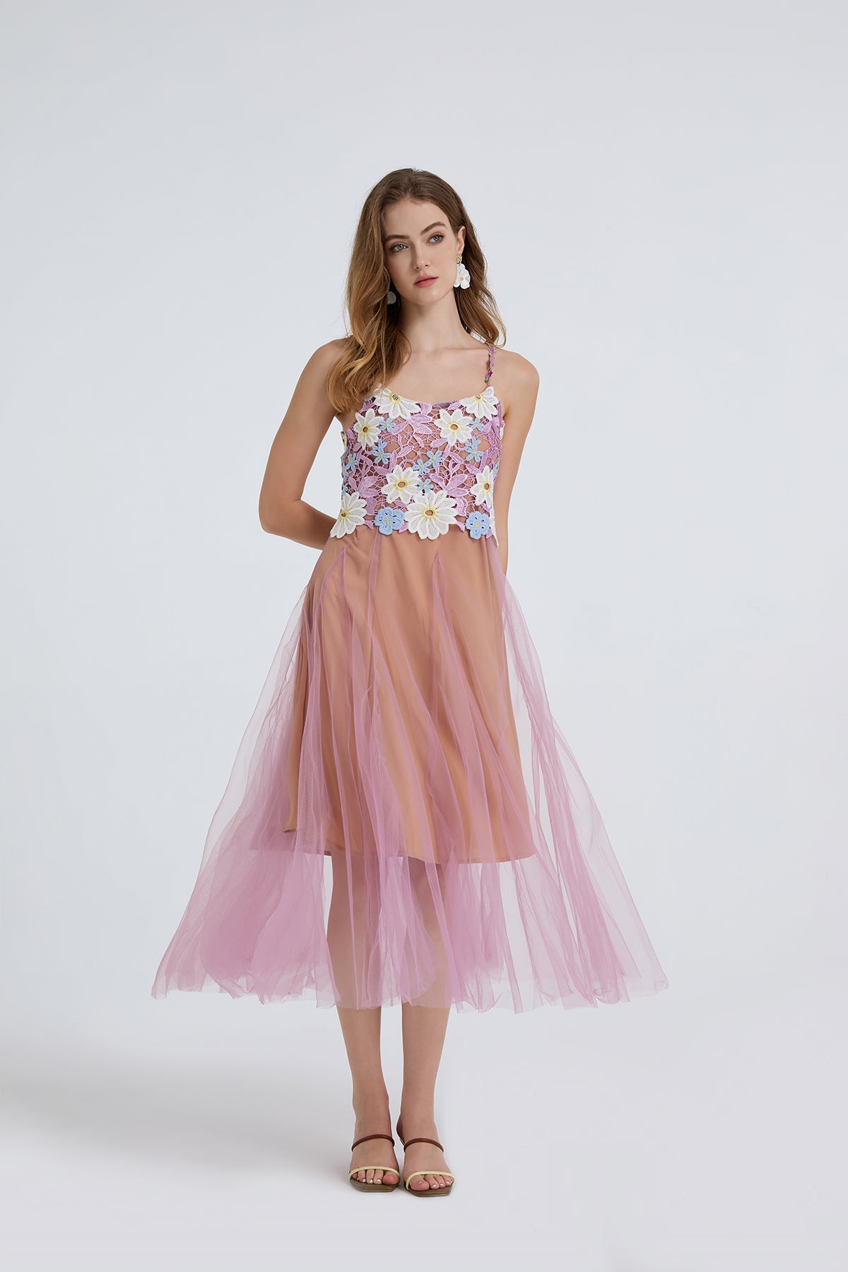 Women Summer Lace Embroidered Spaghetti Strap Patchwork Chiffon Maxi Dress
