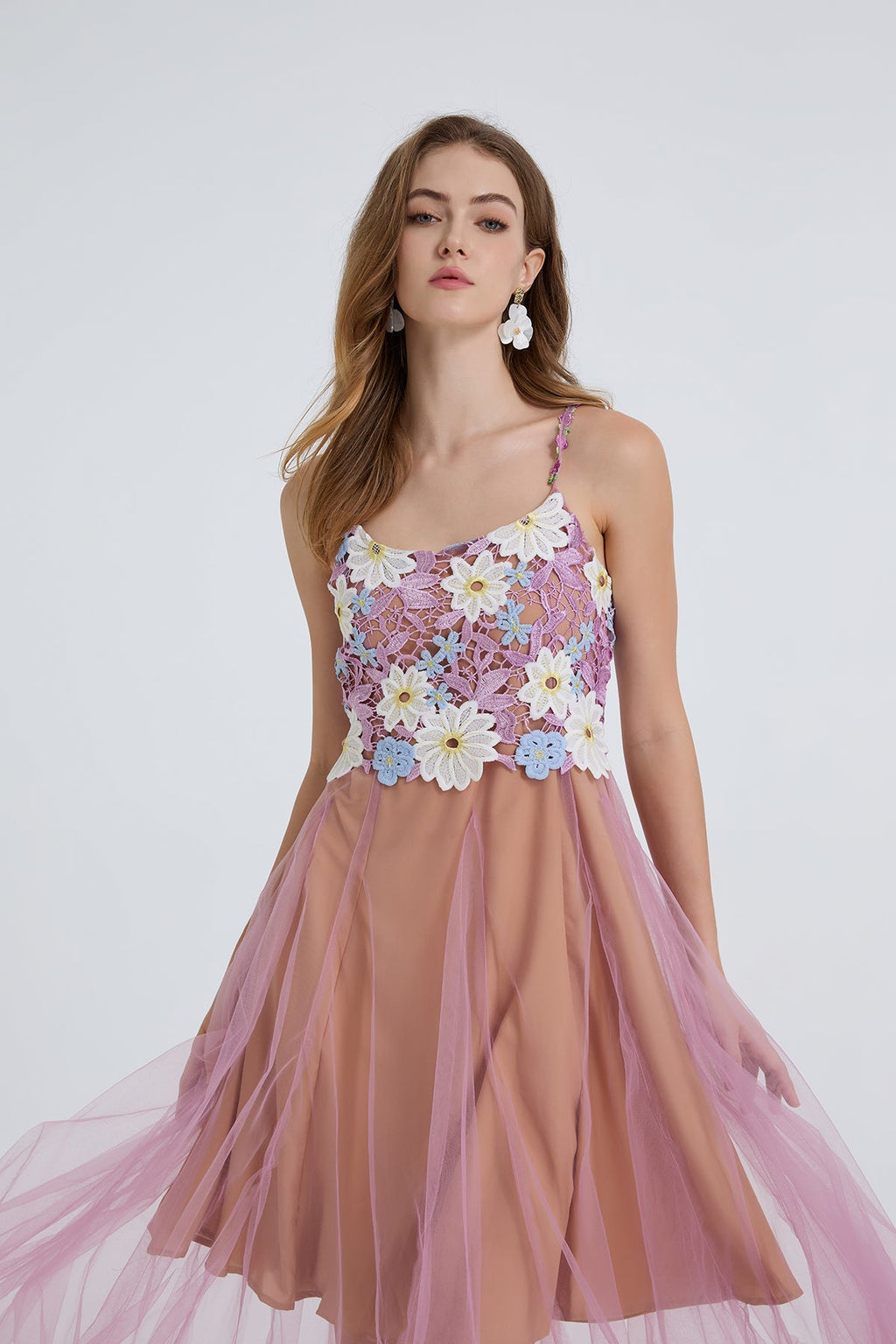 Women Summer Lace Embroidered Spaghetti Strap Patchwork Chiffon Maxi Dress