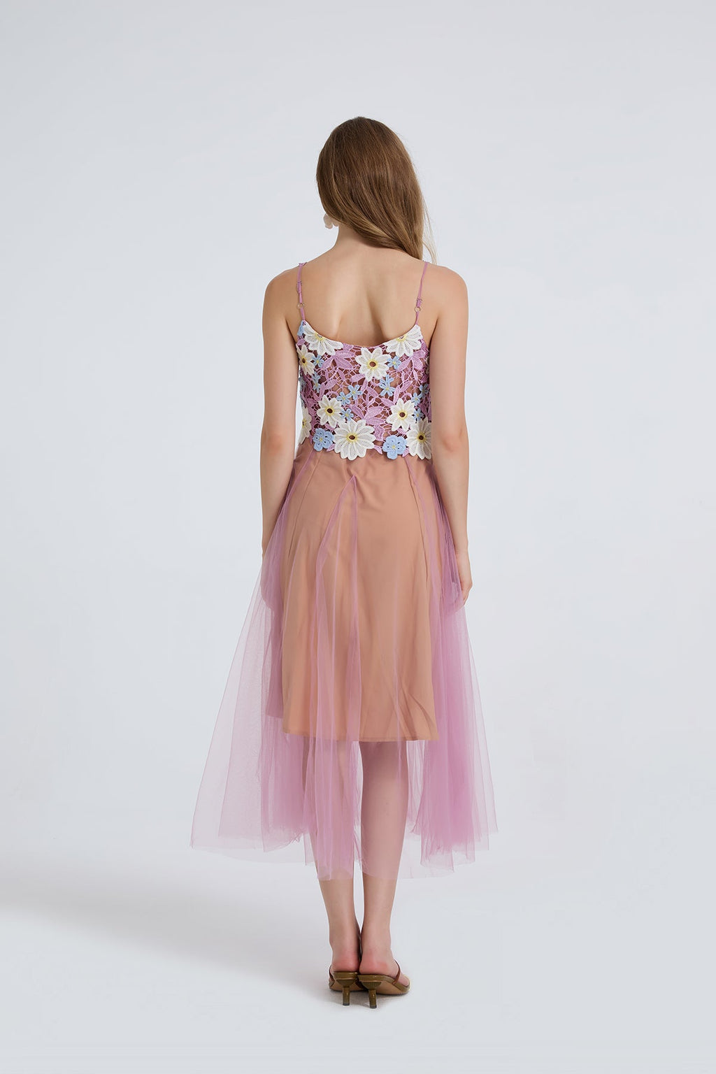 Women Summer Lace Embroidered Spaghetti Strap Patchwork Chiffon Maxi Dress