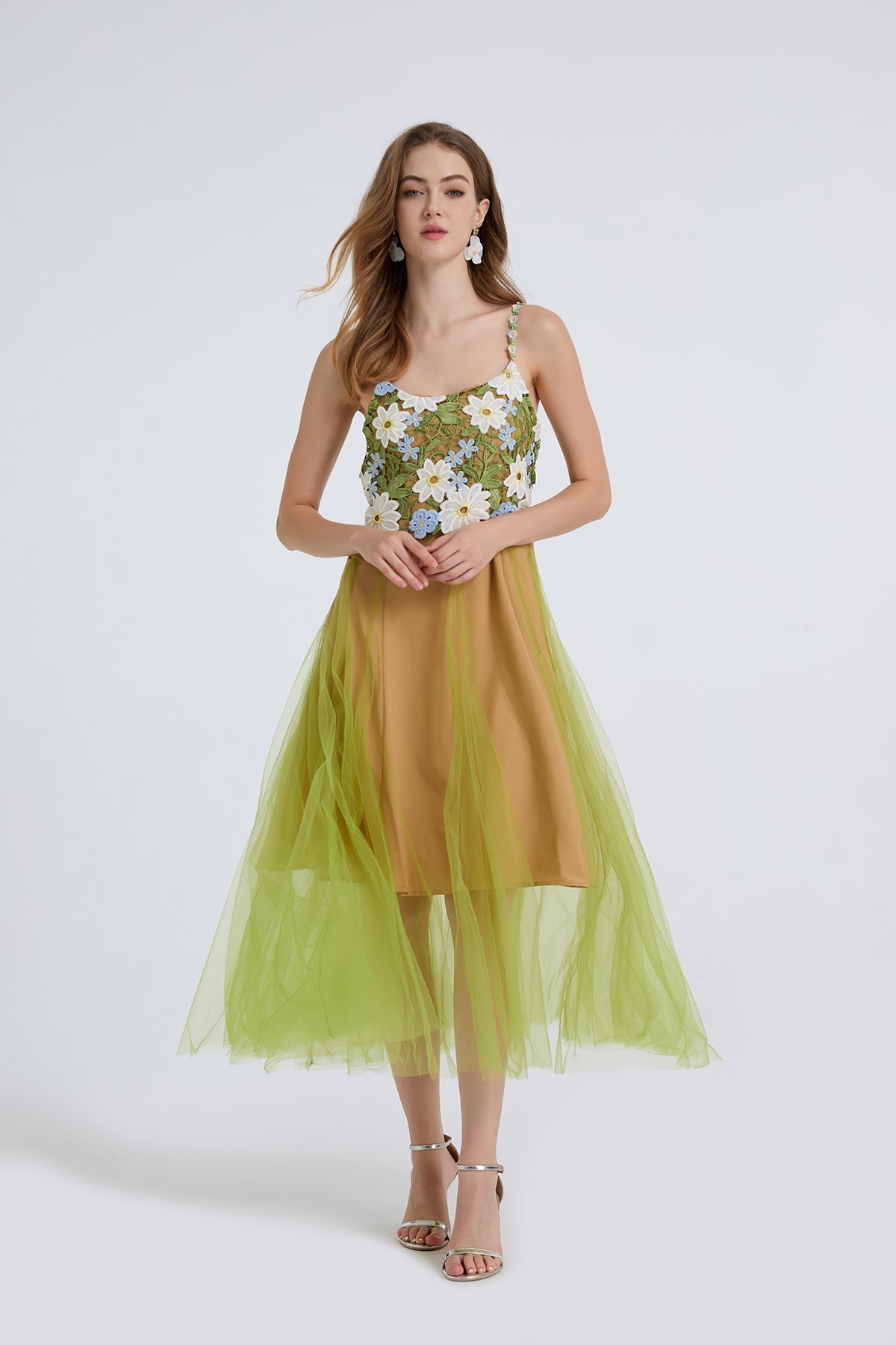 Women Summer Lace Embroidered Spaghetti Strap Patchwork Chiffon Maxi Dress