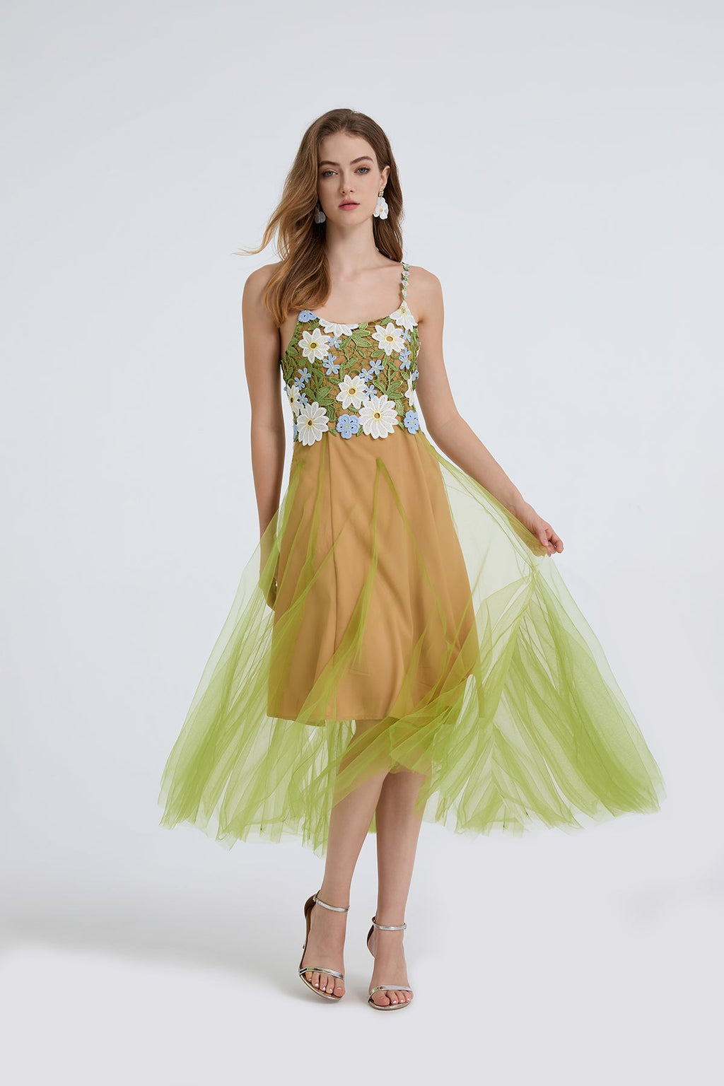 Women Summer Lace Embroidered Spaghetti Strap Patchwork Chiffon Maxi Dress