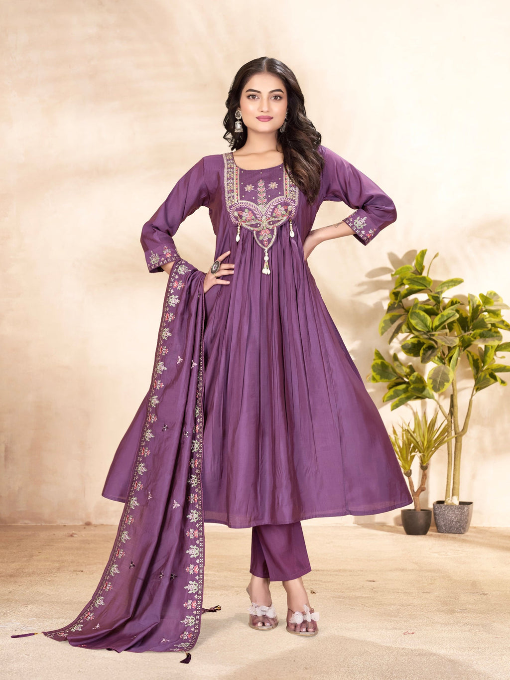 Lavender Roman Silk Anarkali set with sequence embroidery and matching pants