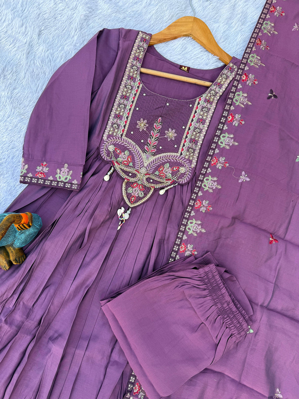 Lavender Anarkali Kurti Pant Dupatta Set with Sequence Embroidery