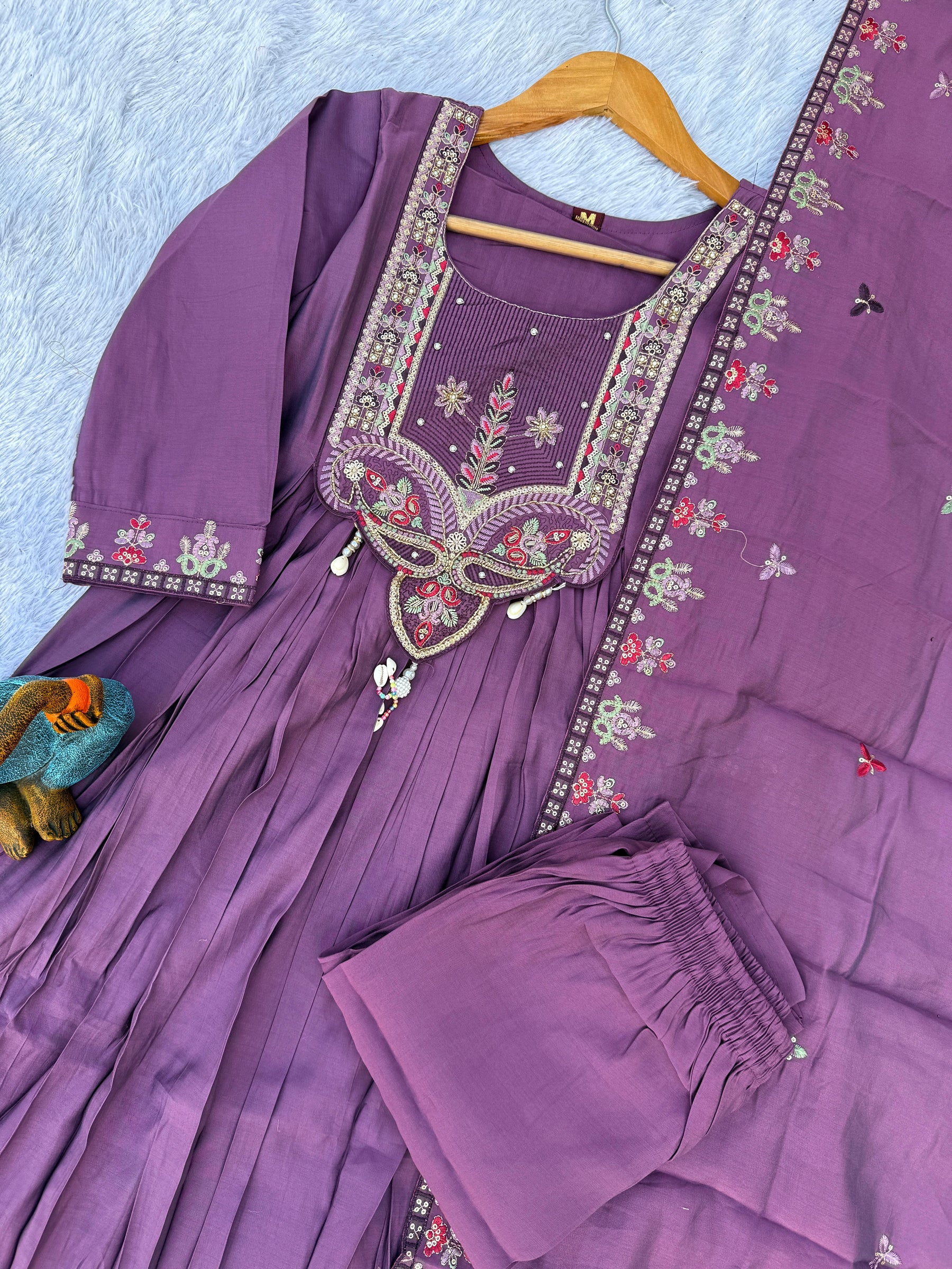 Lavender Anarkali Kurti Pant Dupatta Set with Sequence Embroidery