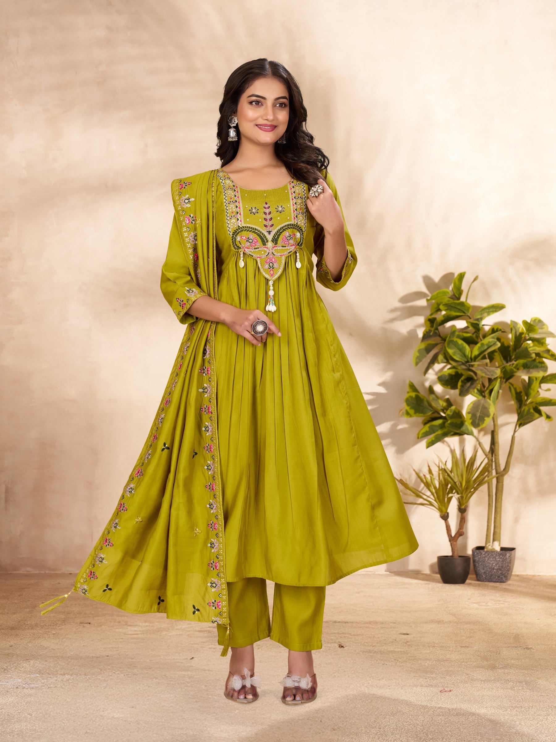 Parrot color Anarkali Kurti set with sequence and thread work
