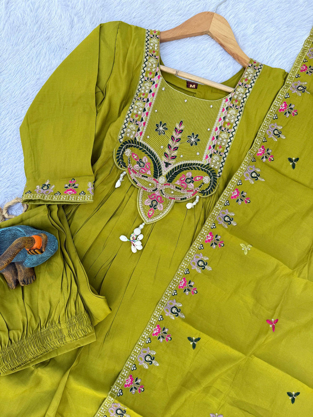 Parrot Green Anarkali Kurti Set with Sequence and Thread Work