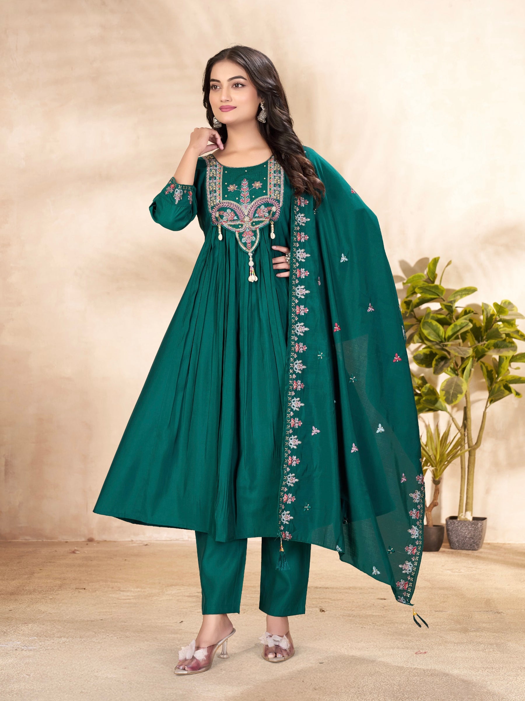 Rama Roman Silk Anarkali kurti set with sequence and thread hand embroidery