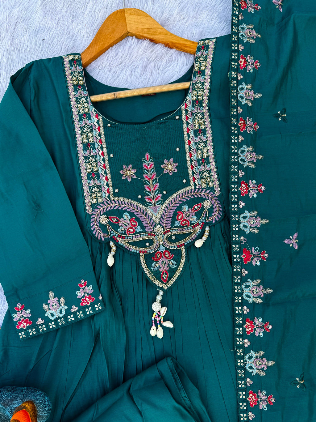 Rama Roman Silk Anarkali Kurti Set with Sequence Hand Embroidery