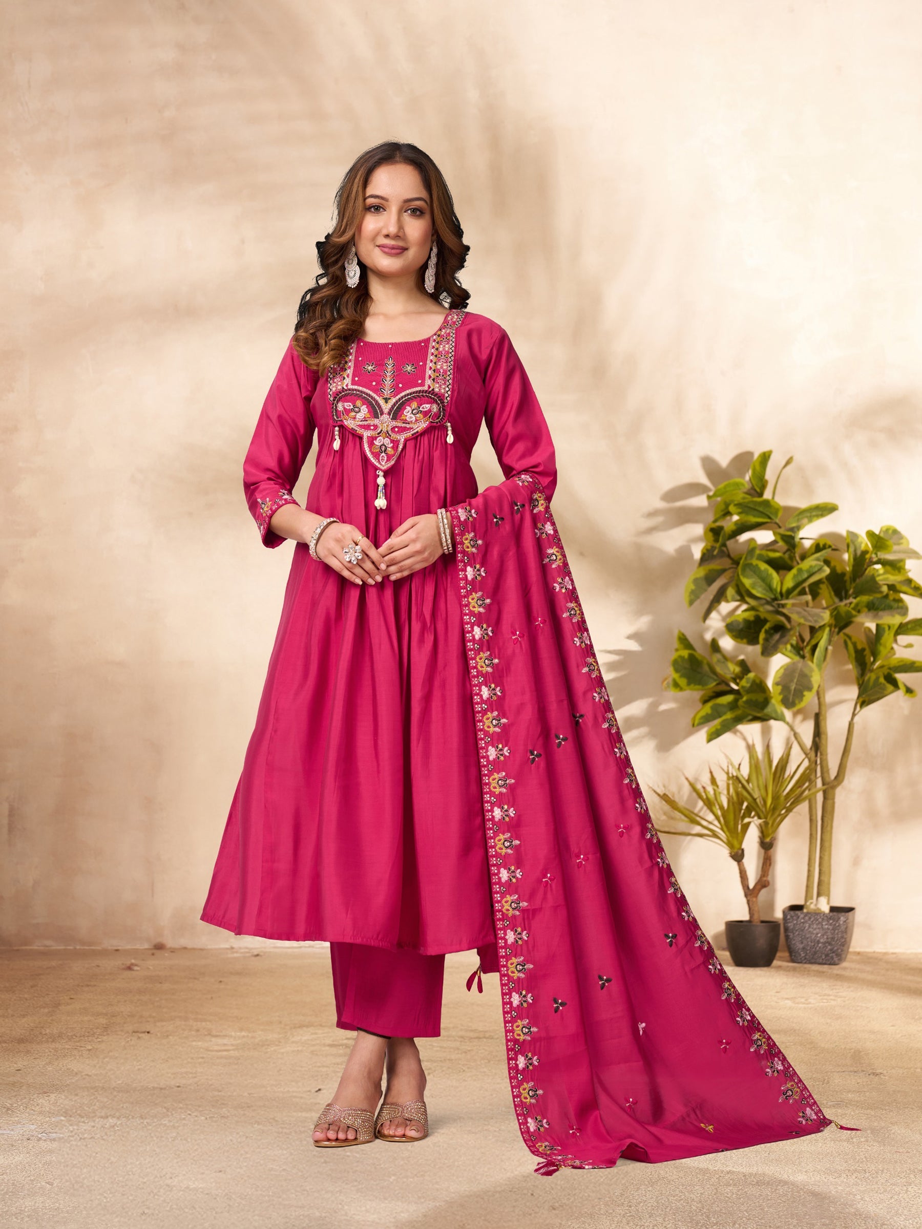 Ranipink Roman silk Anarkali kurta set with rich multi-thread and sequence embroidery