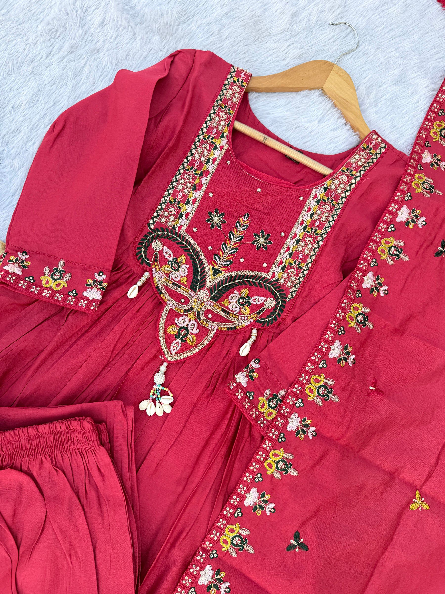 Ranipink Roman Silk Anarkali Kurta Set with Hand-Work Embroidery