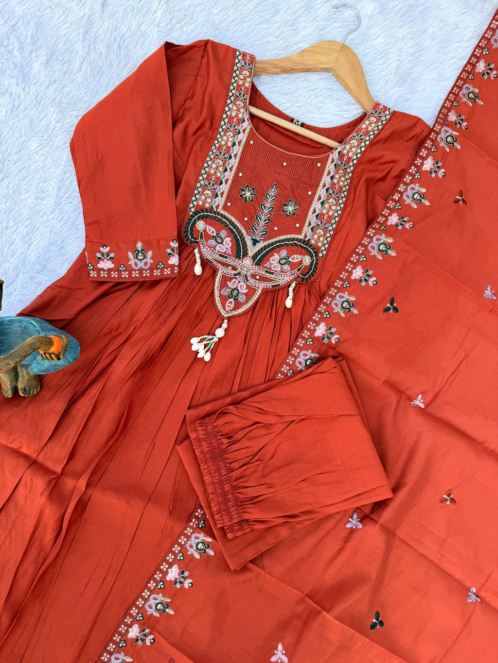 Rust Roman Silk Anarkali Kurti Set with Hand Work and Dupatta
