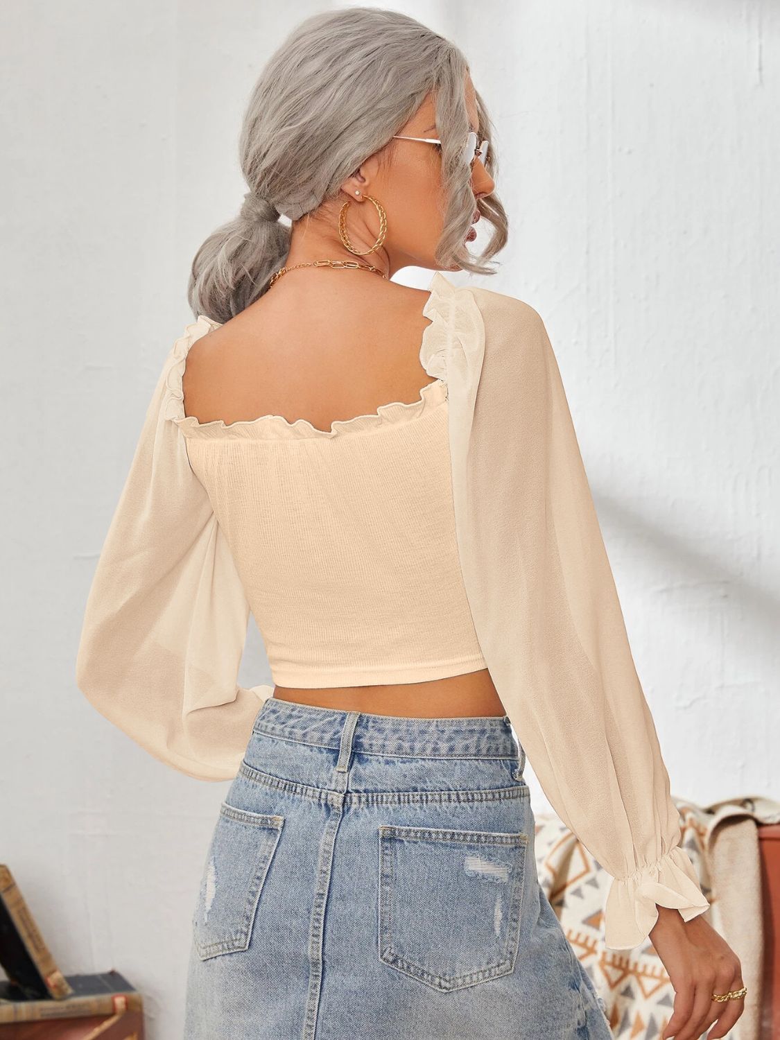 Mesh Sweetheart Neck Flounce Sleeve Top with Ruffled Detail - Image 23