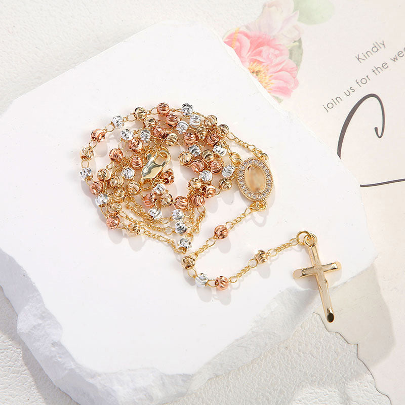 Retro Beaded Cross Necklace in Gold Tone Alloy