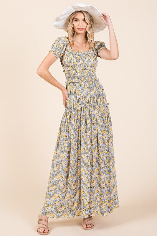 Floral Print Puff Sleeve Gathered Maxi Dress
