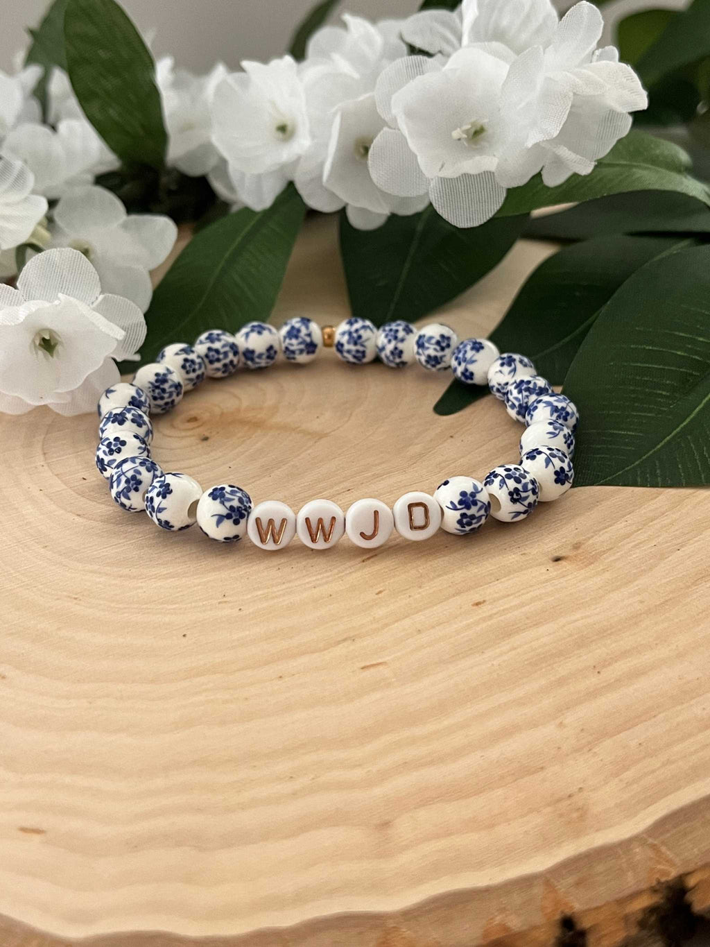 WWJD Faith Bead Bracelet Glass Pearl and Natural Stone