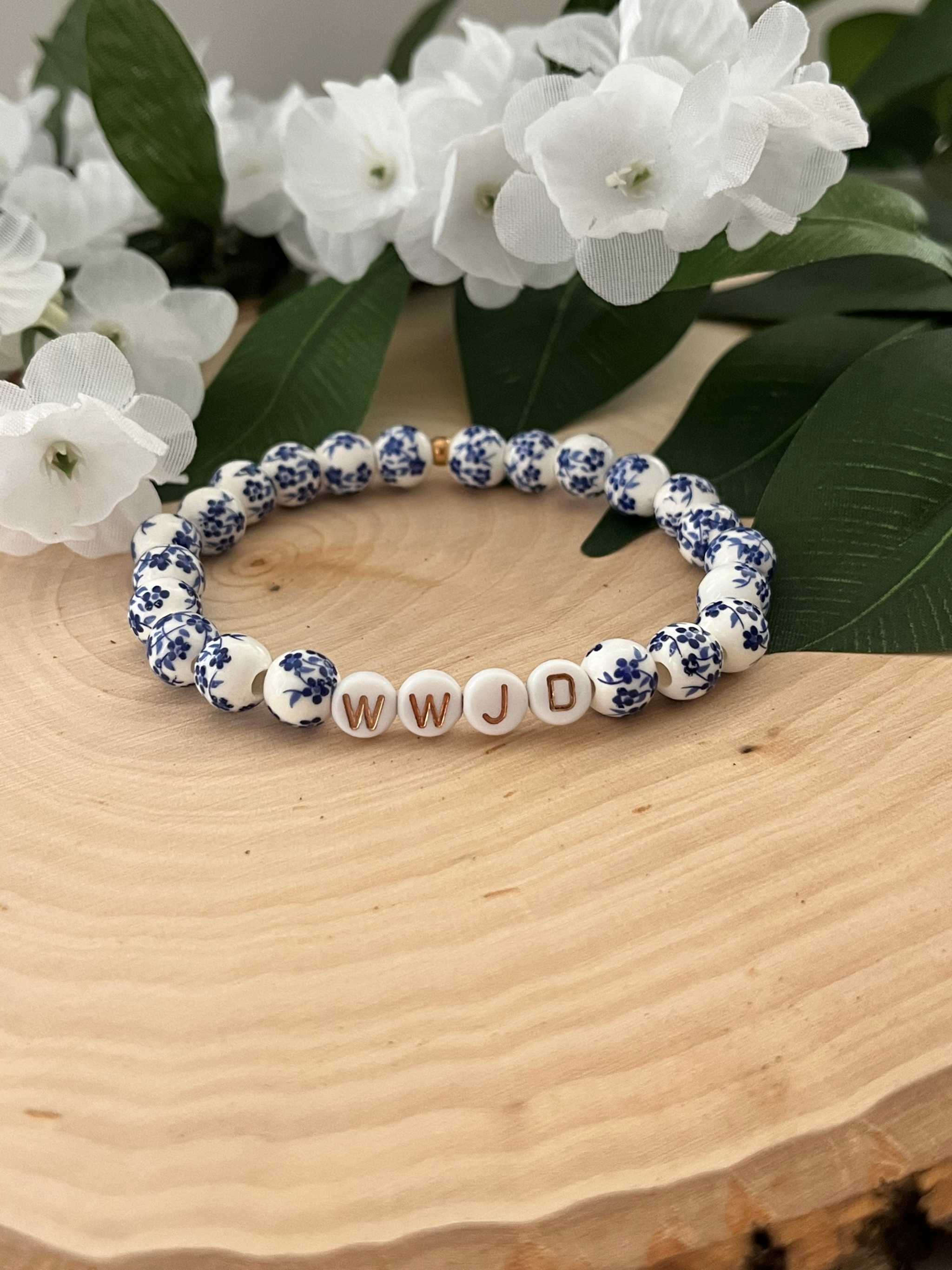 WWJD Faith Bead Bracelet Glass Pearl and Natural Stone