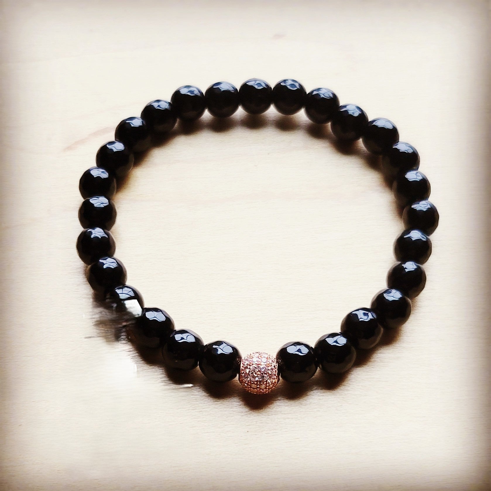 Wood Beaded Stretch Bracelet with Gold Accent
