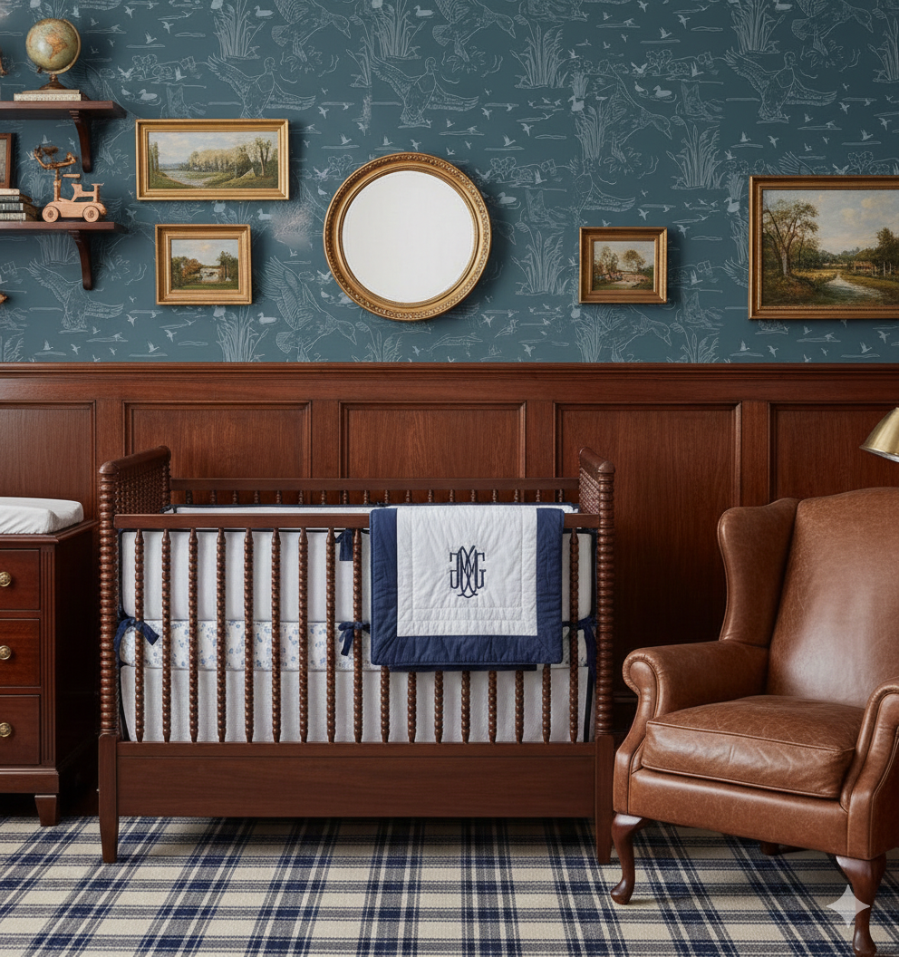 Wallace wallpaper with a traditional blue, olive-green, and white pattern
