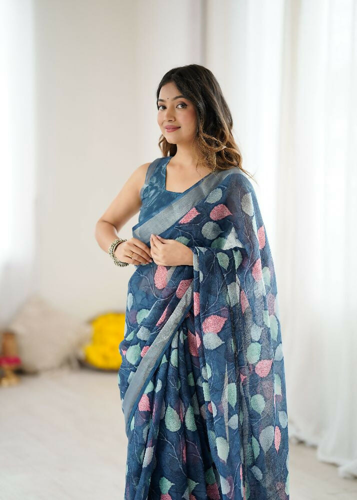 Dark Blue Linen Patta Printed Saree with Coordinating Blouse