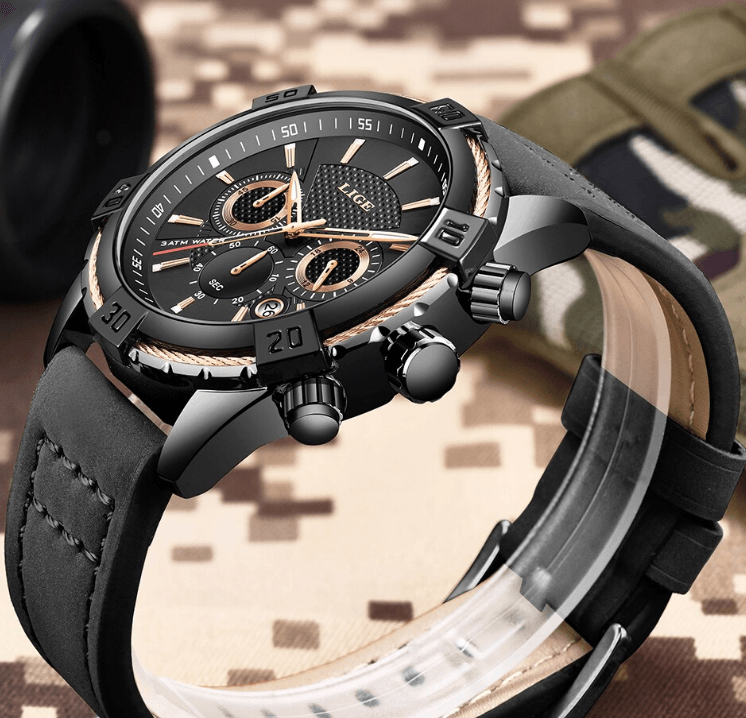 Waterproof Men's Chronograph Watch with Gold Accents and Date