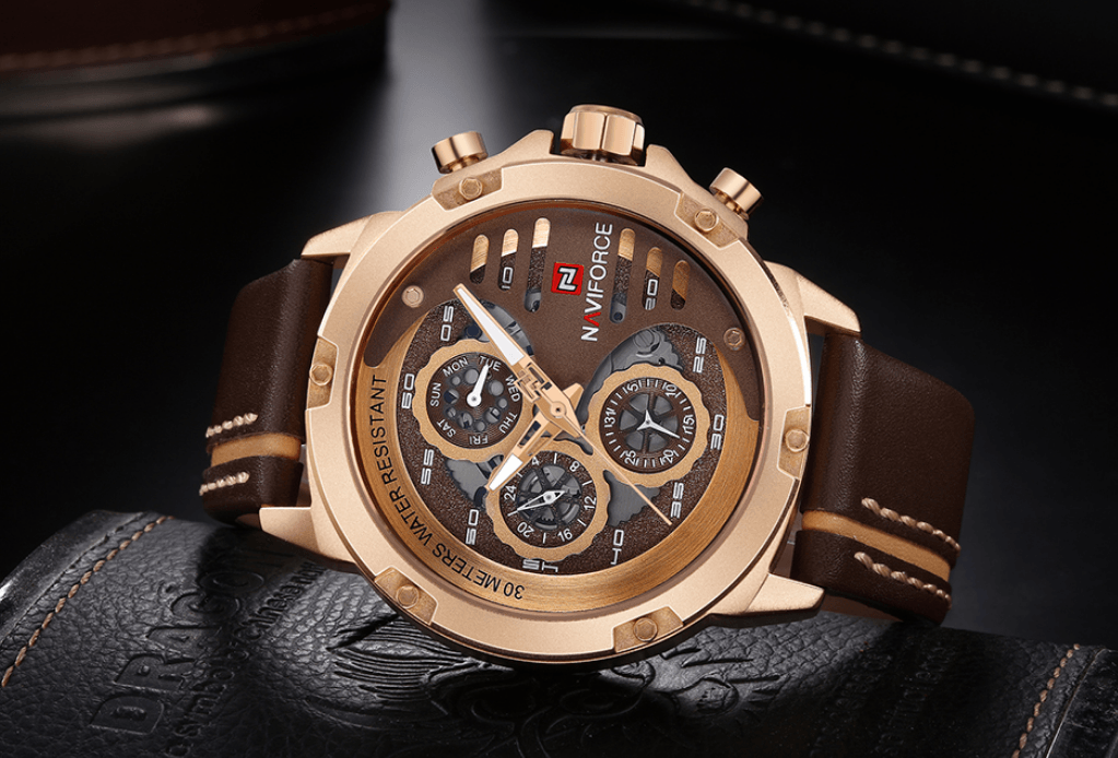 Men's Waterproof Sports Watch with Leather Band & Chronometers