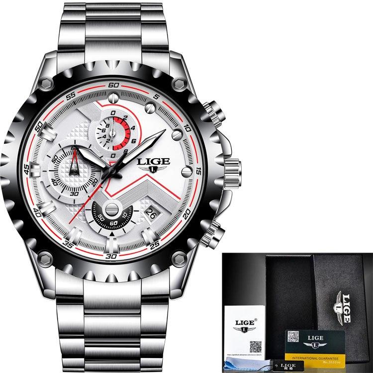 Men's business elegant watch with brown leather strap and day view display