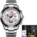 Men's business elegant watch with brown leather strap and day view display