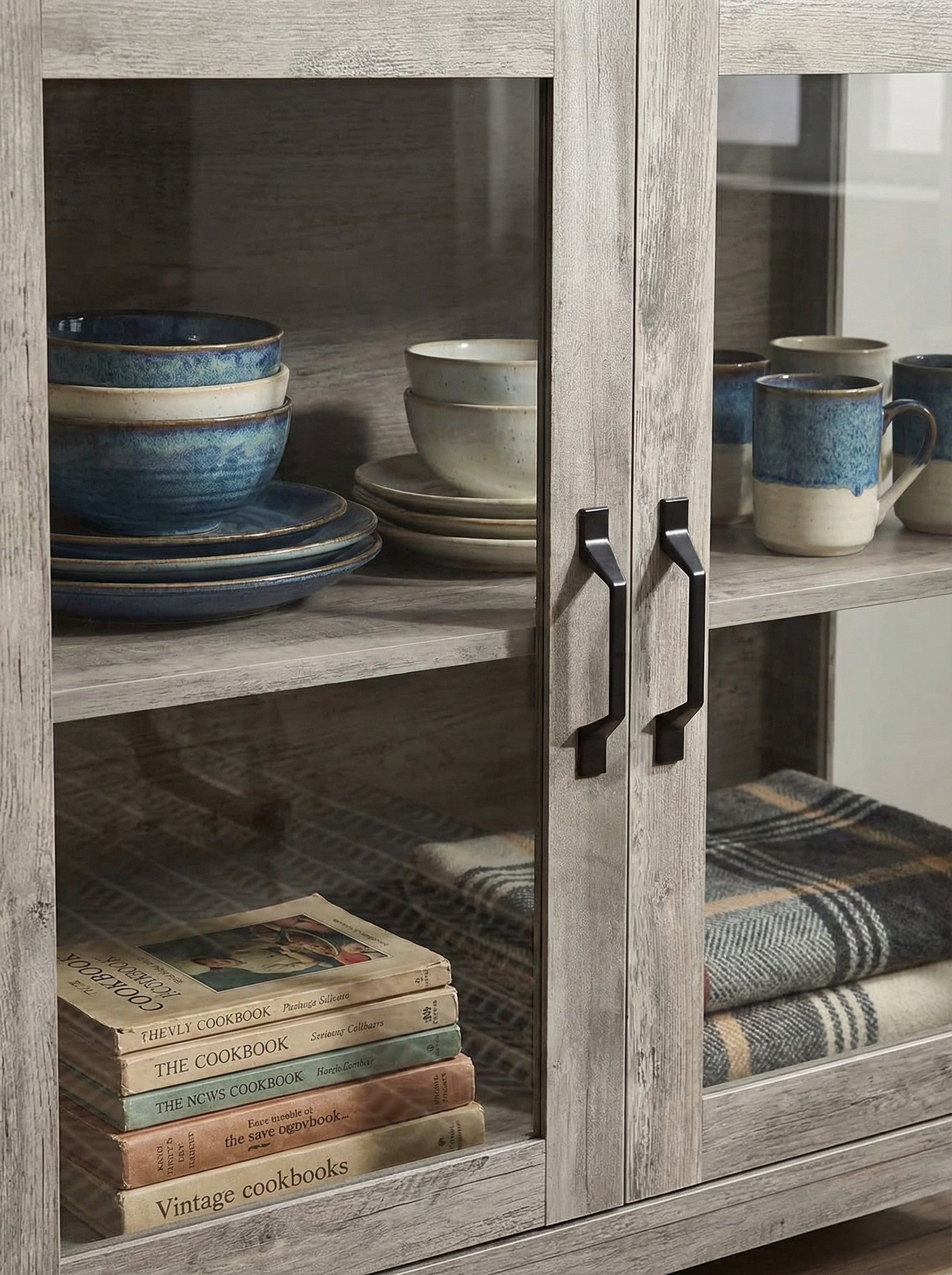 Modern Glass Door Cabinet with Adjustable Shelves, Compact Storage