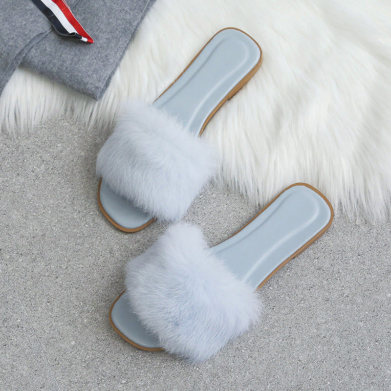 Women’s Faux Fur Slides – Open Toe Fluffy Flat Sandals