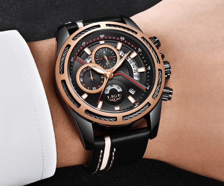Men's Waterproof Chronograph Sports Watch with Leather Strap
