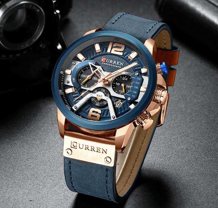 Men's Waterproof Sports Chronograph Watch with Leather Strap