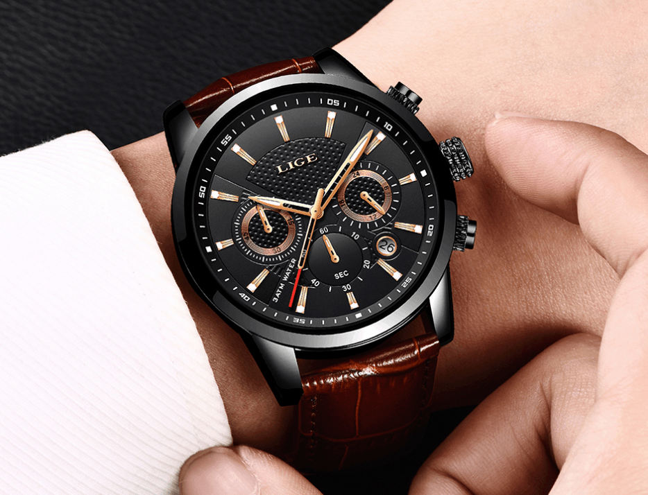 Men's Waterproof Chronograph Sport Watch with Leather Strap