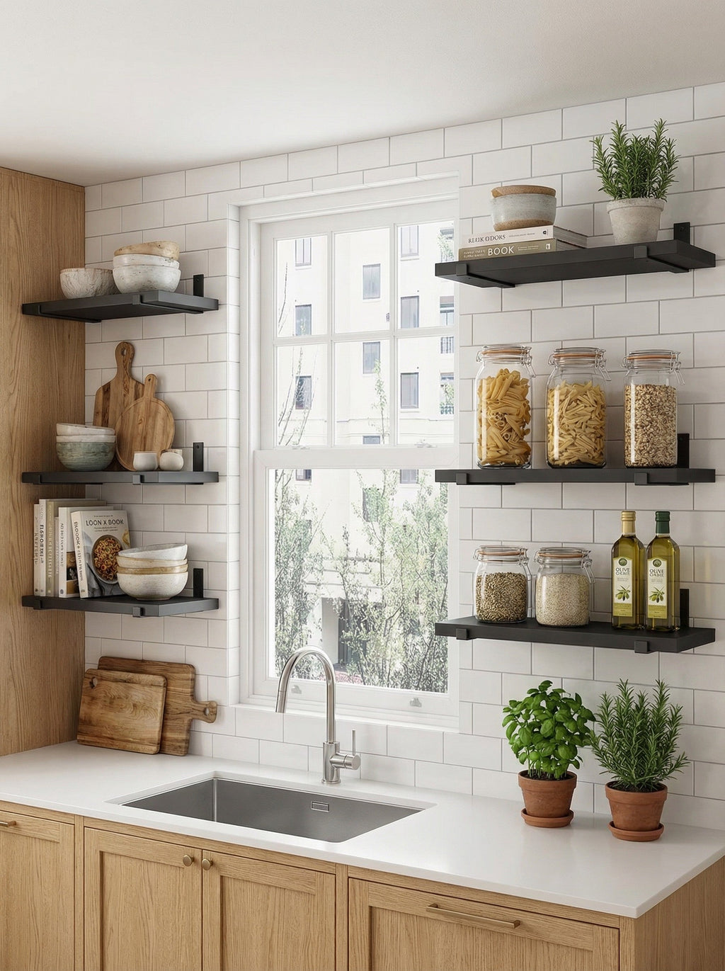 Rustic Wood Floating Shelves with Industrial Metal Brackets