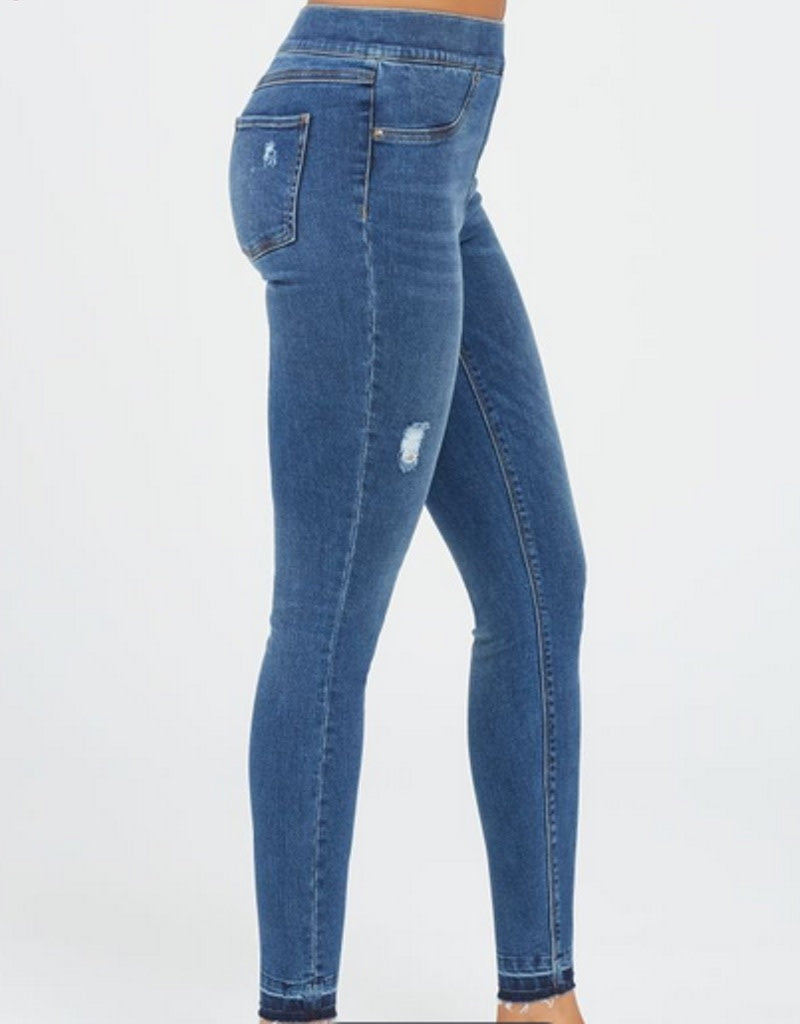 High-Rise Distressed Ankle Skinny Jeans in Medium Indigo Blue